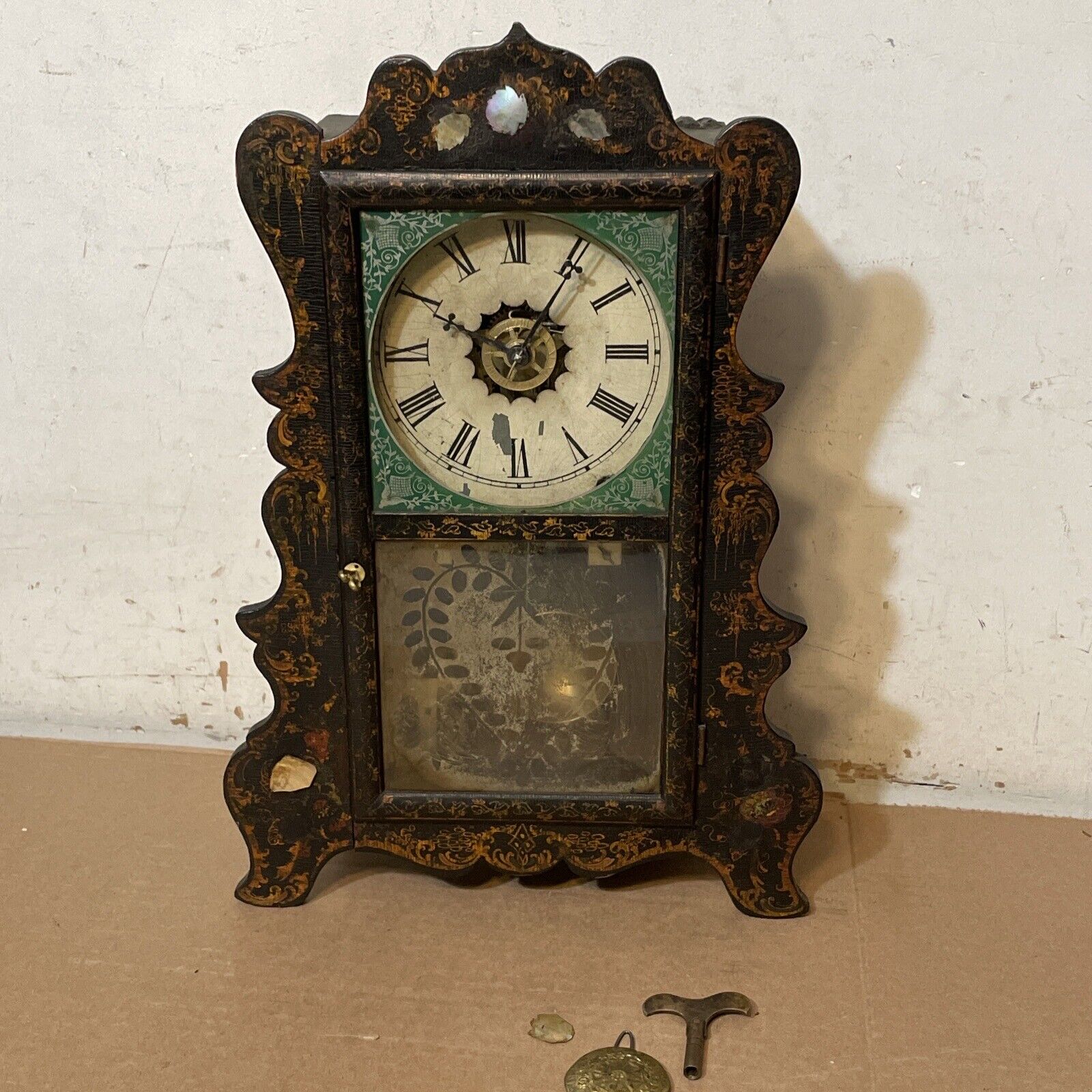 Rare Antique E&A Ingraham Scroll Side Shelf Clock Stenciled MOP Inlay 