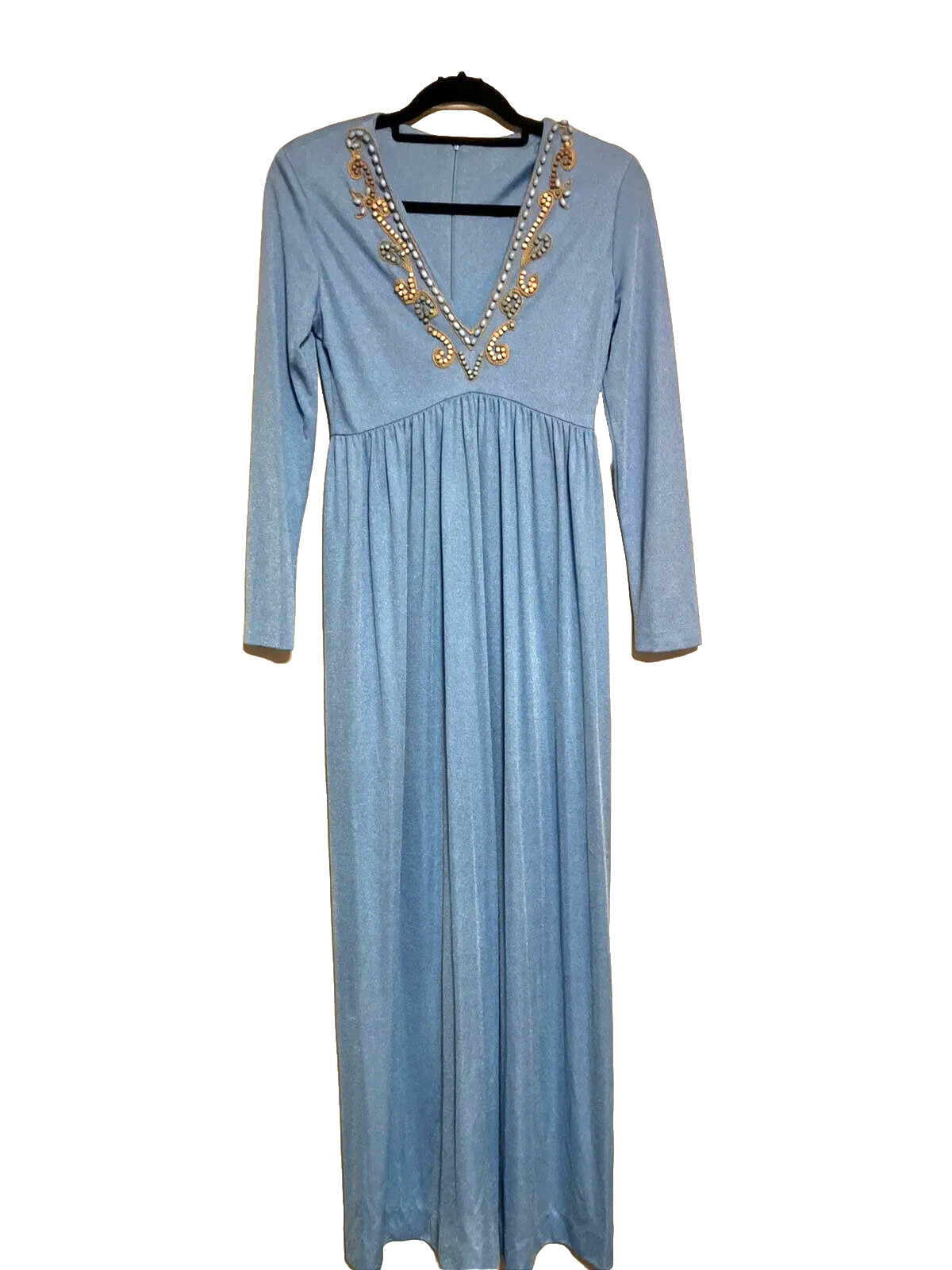 VTG HIPPIE “Donna Summer” 70s Shimmer Powder Blue Beaded Long Slv Maxi Dress S-M