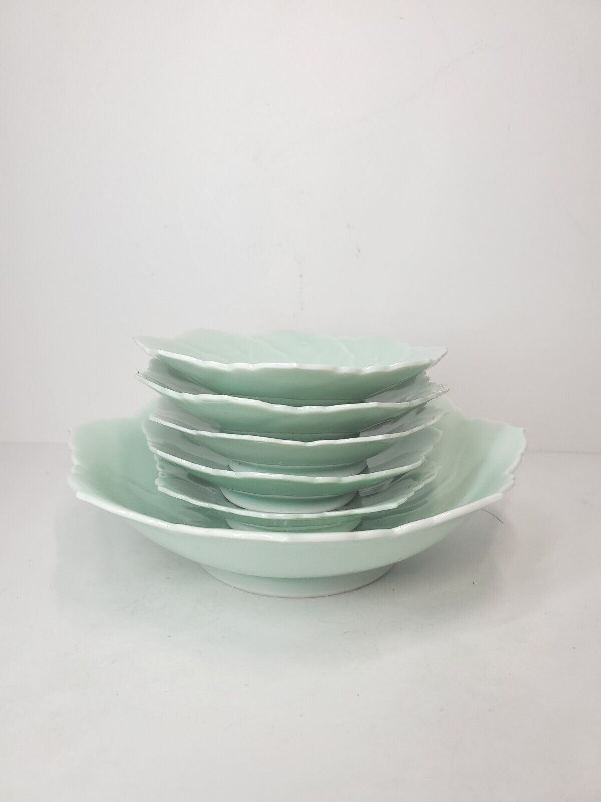 Celadon Cabbage Leaf Flower Dishes Bowls Made in Japan 6 Pcs. Rare HTF Mint 1950
