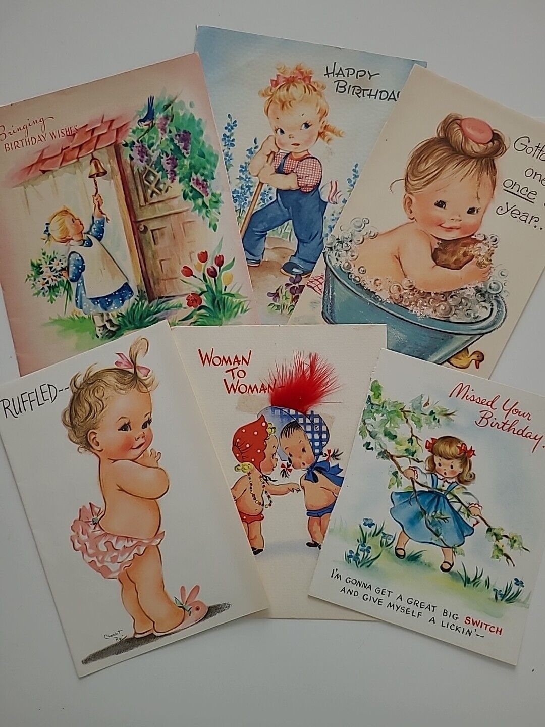 6 Vtg FRONTS ONLY Cute Little GIRLS BIRTHDAY 2 ARTIST Signed 1 w Feather CARDS
