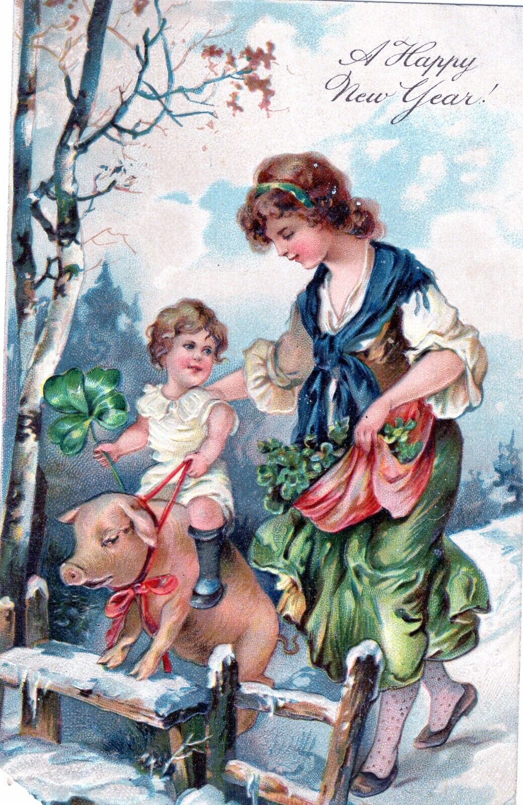 PFB New Year\'s Card Charming Child Riding Pig with Young Woman Shamrocks #7101