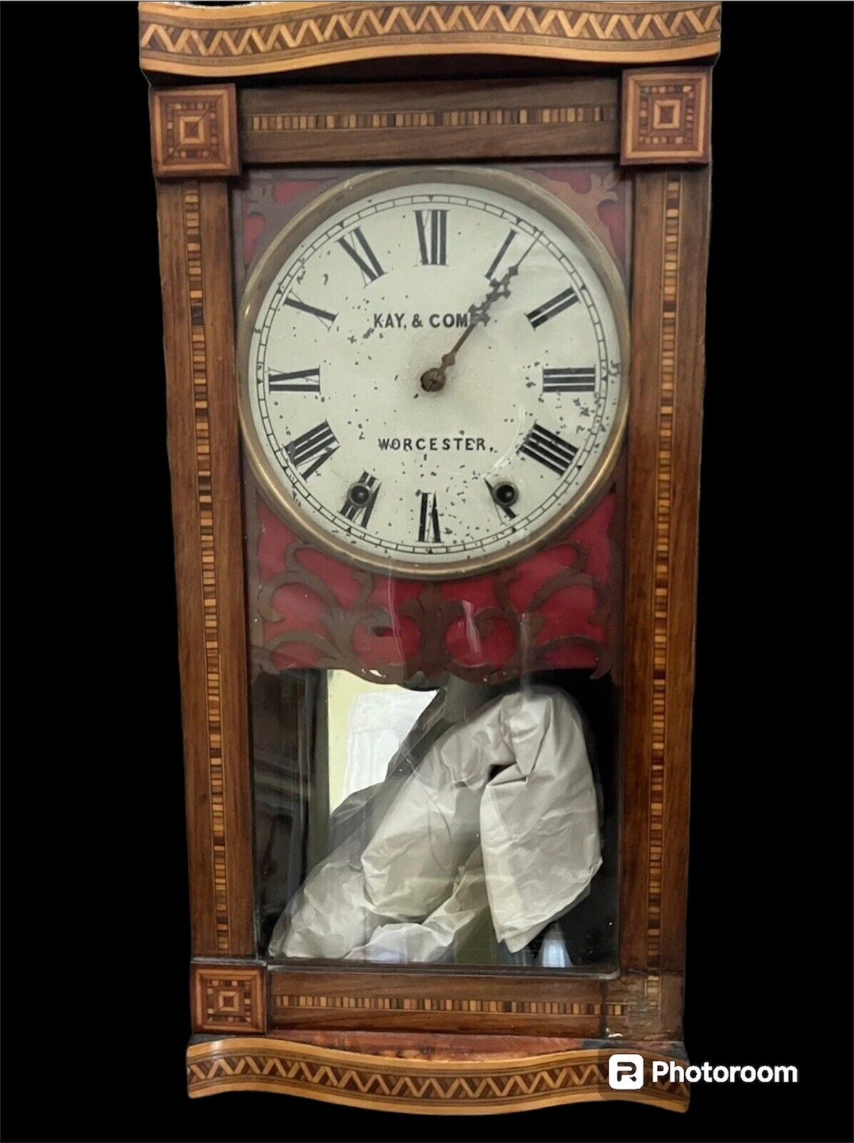 Lovely 19th Century 8 Day Kay & Company Regulator Wall clock W Inlaid Cabinet