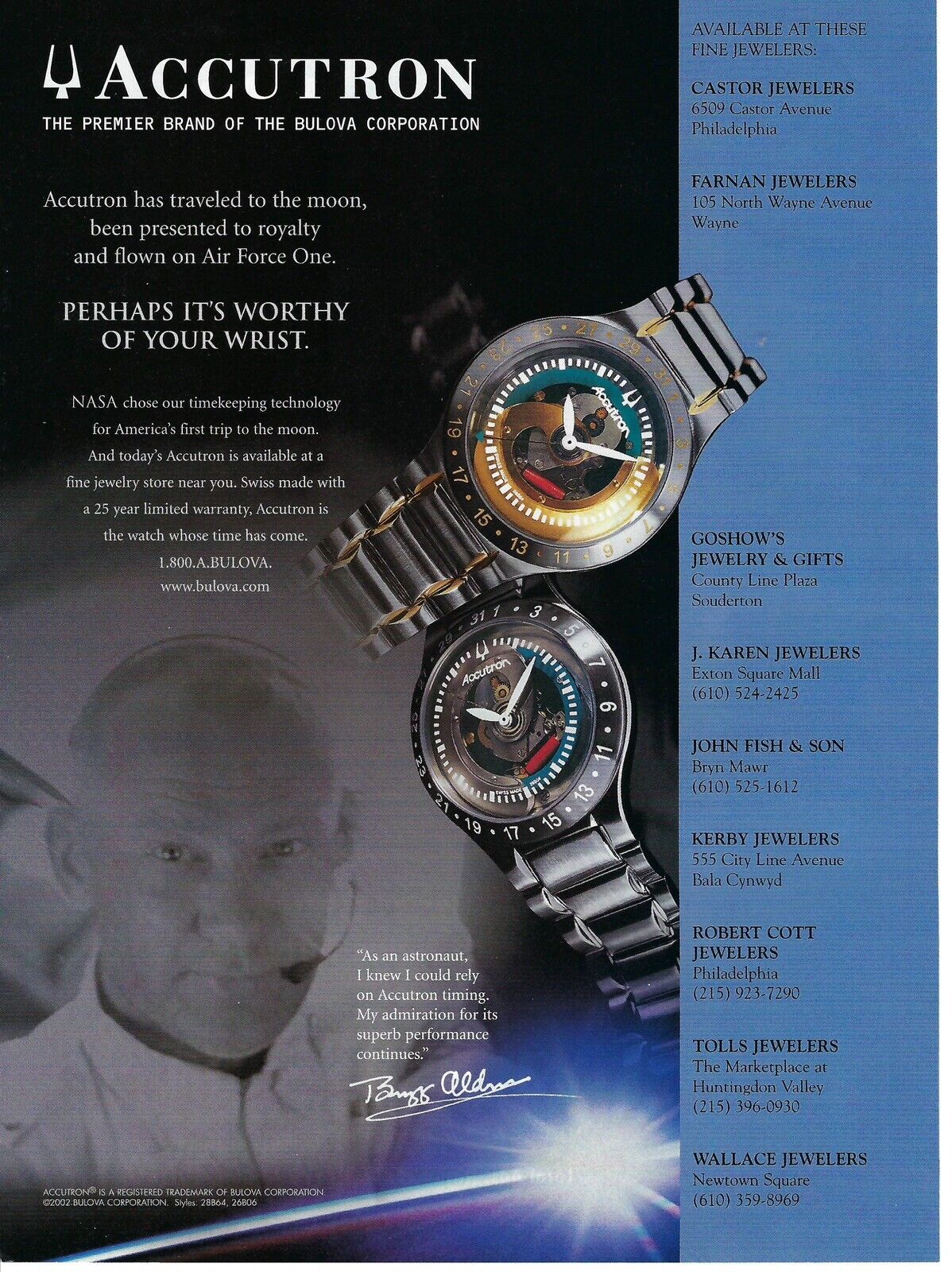 2002 Accutron by Bulova Watch Traveled To The Moon Buzz Aldrin Print Ad/Poster