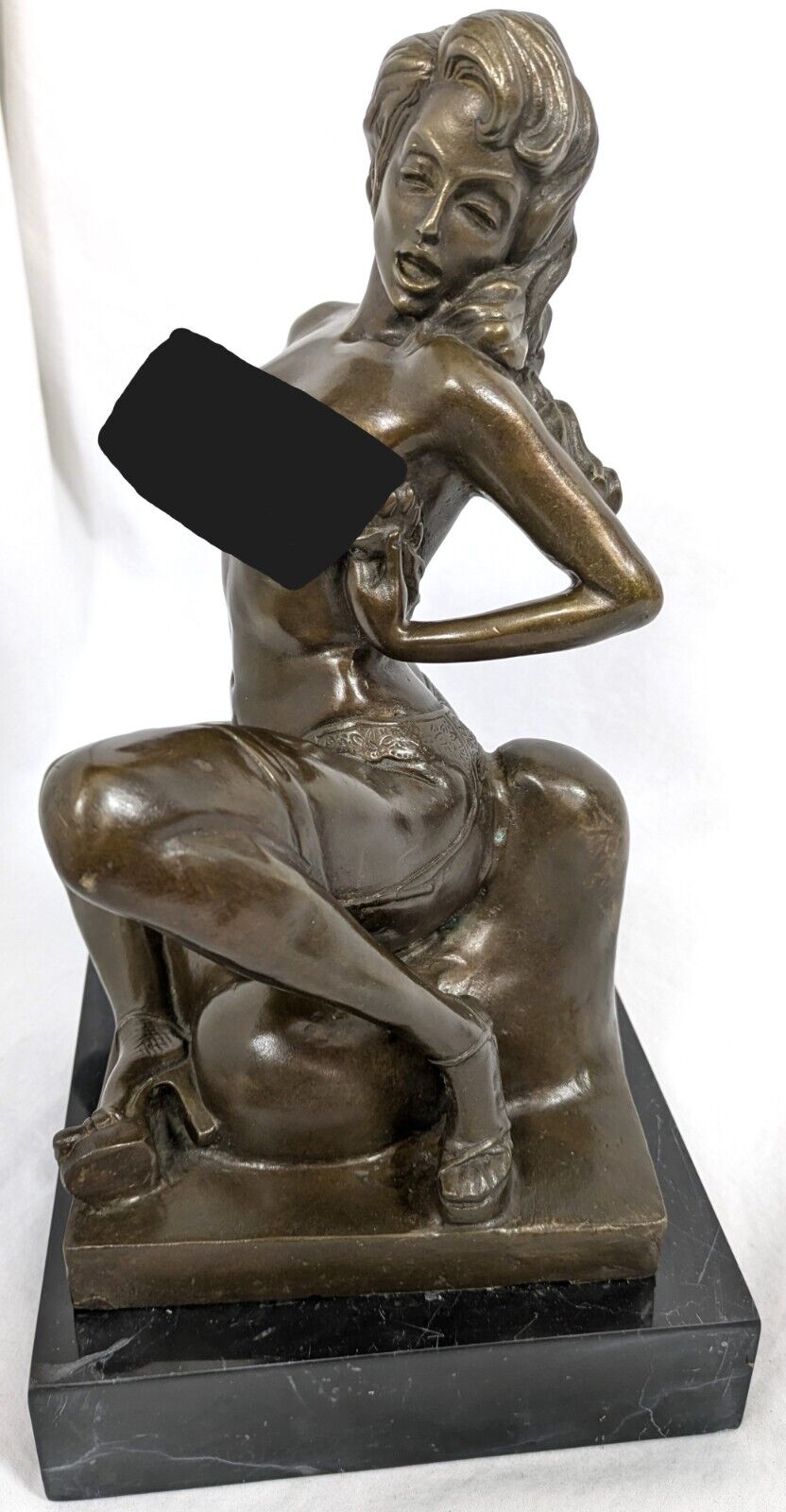 PREISS Bronze Statue WOMAN SITTING Bra High Heel Art European Finery Marble Base