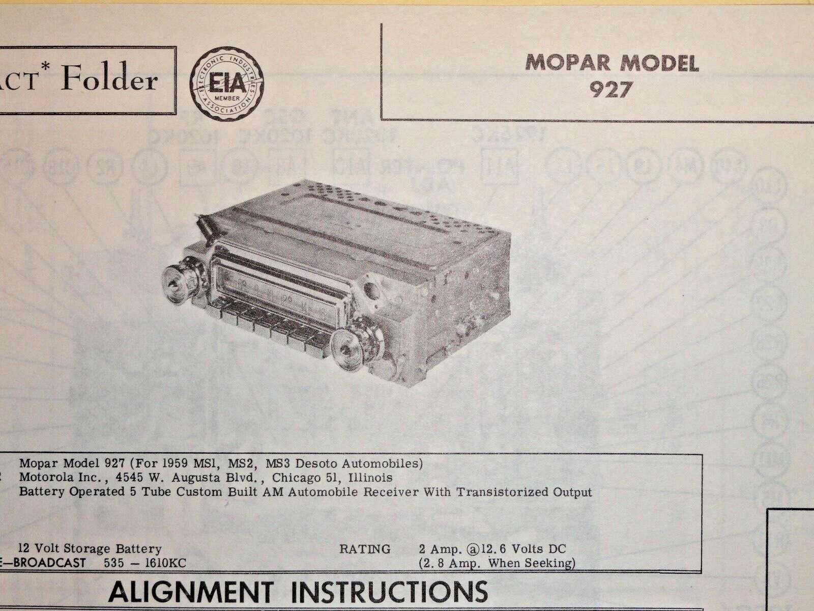 Original Sams Photofact Manual MOPAR 927 (458)