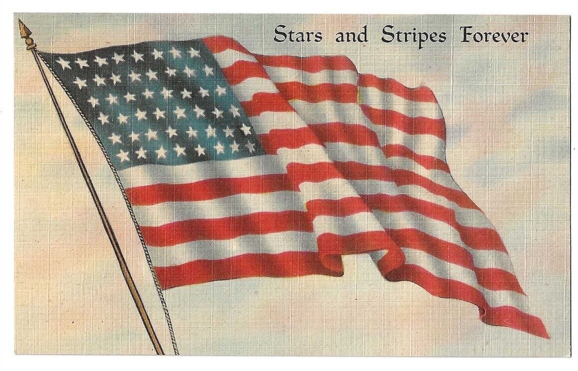 Stars and Stripes Forever c1950 patriotic postcard, 48 star United States Flag
