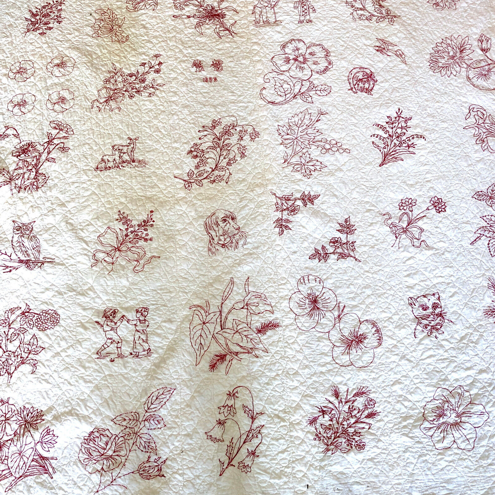 ANTIQUE RARE Handmade Pinkwork Redwork Embroidery QUILT Coverlet 1898 69\