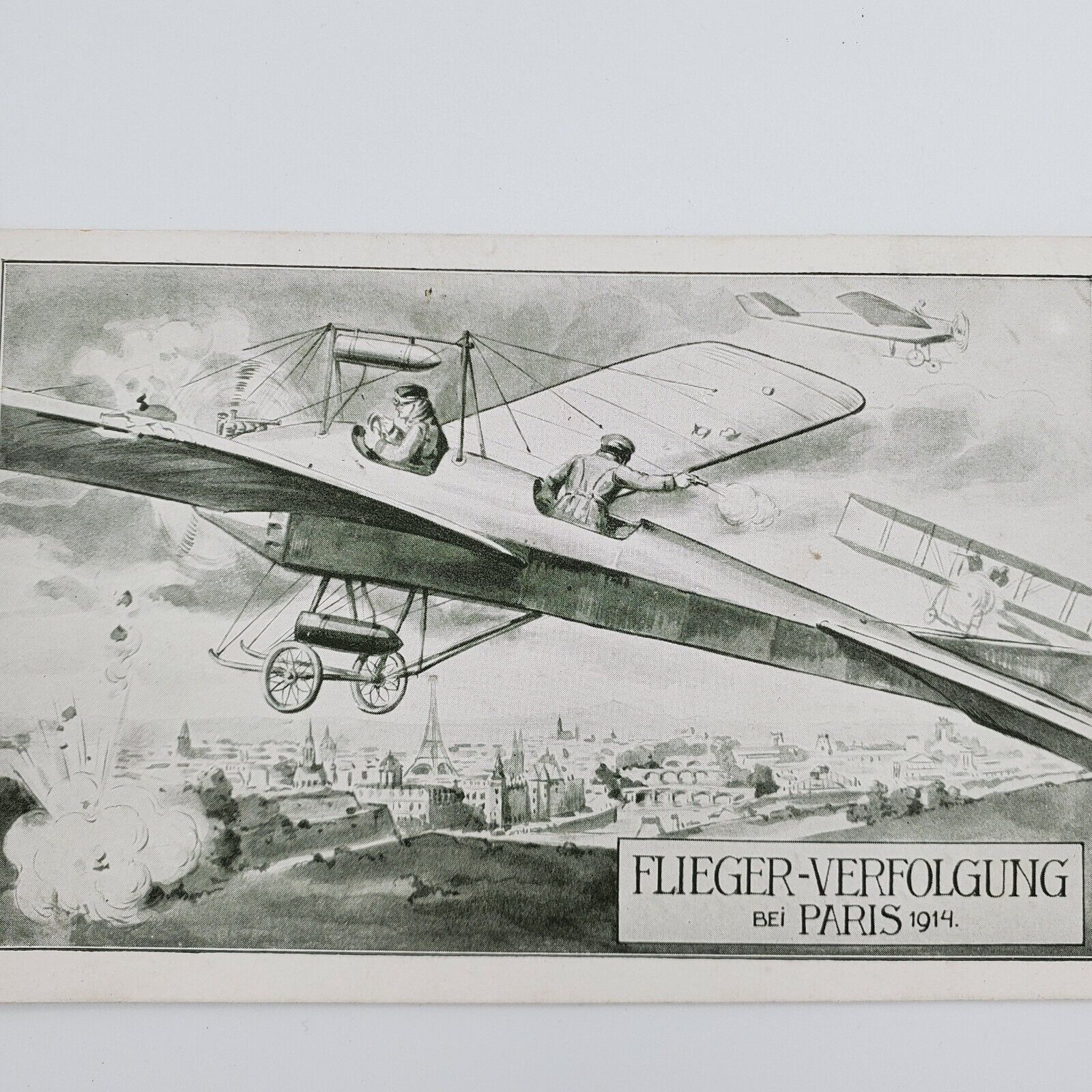 WW1 German aerial dog fight 1914 airplane bombing of Paris postcard combat pilot