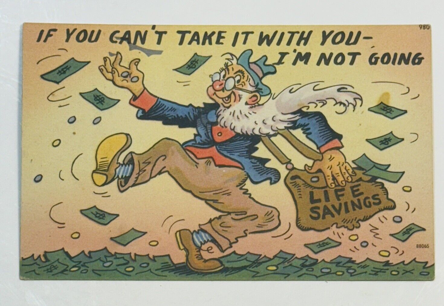 Vintage Comical Postcard Old Man With Life Saving Money