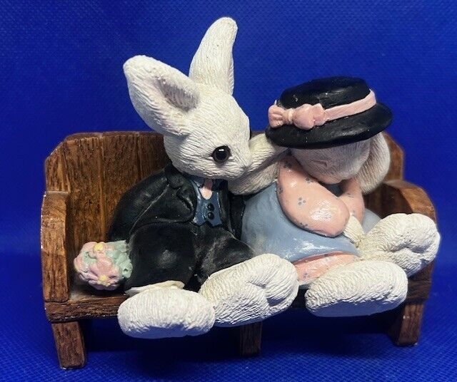 Vintage Easter Bunny Rabbit Couple sitting on Bench Figurine