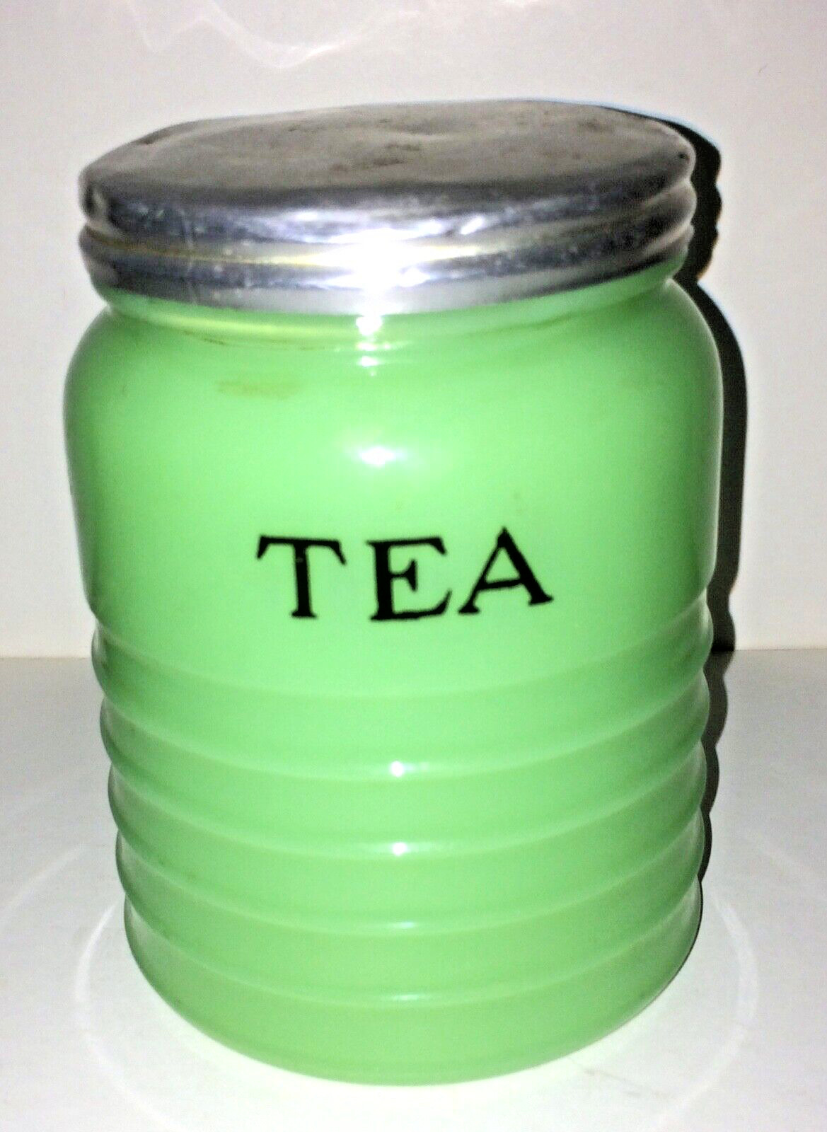 Jeanette Vintage Jadite Green Glass Tea Canister Jar & Lid 1930\'s Great Cond