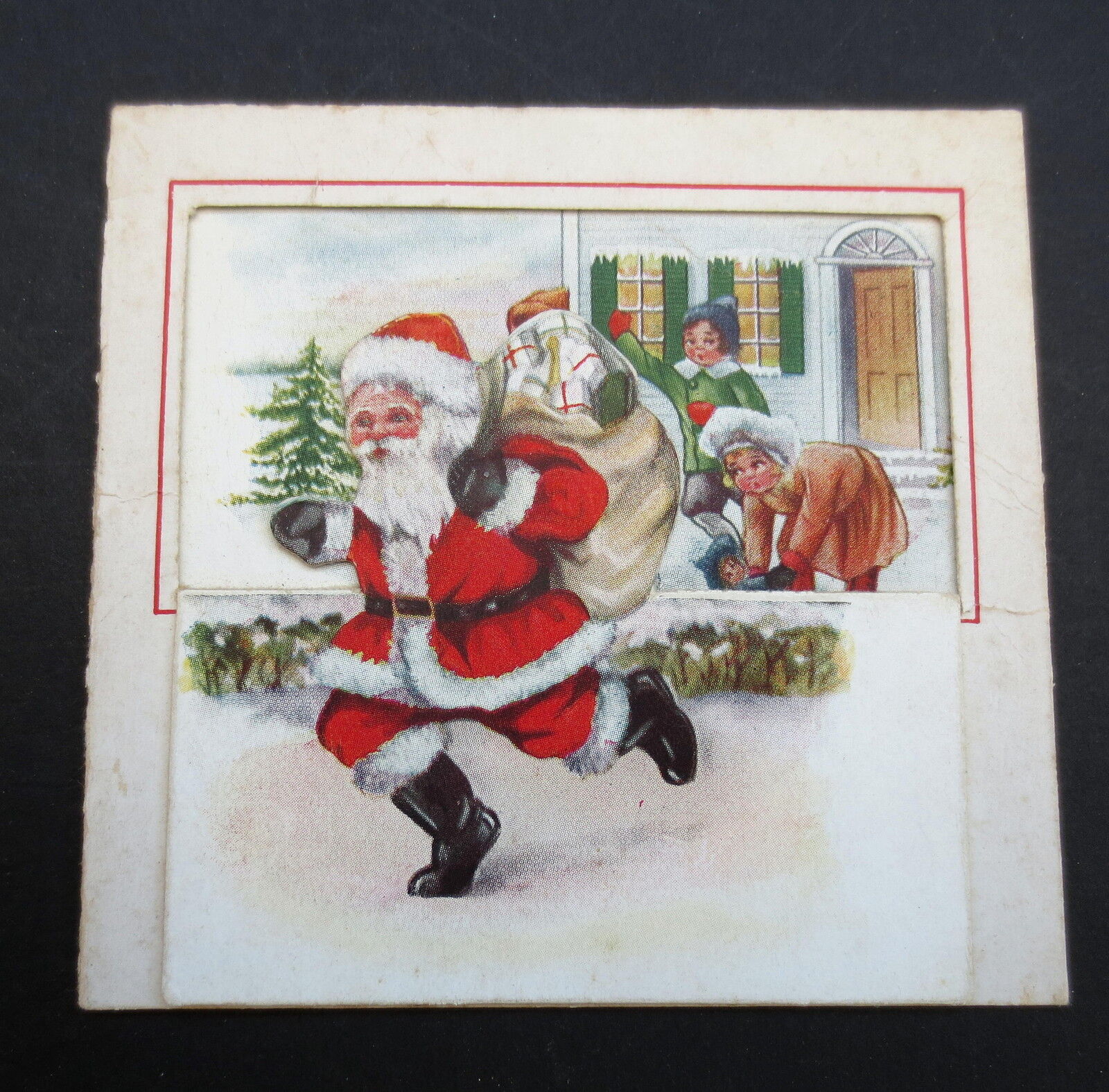 #G35- Vintage Unused  Xmas Greeting Card Great Die Cut of Santa & Toys