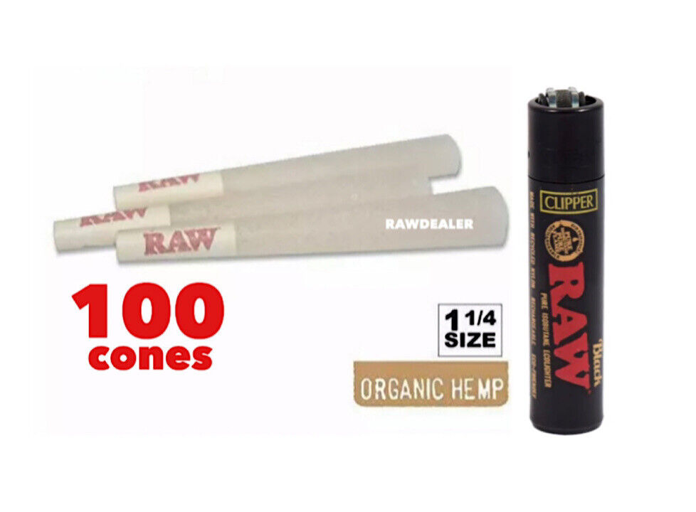 RAW organic cone 1 1/4 size (100PK)+raw black large clipper lighter