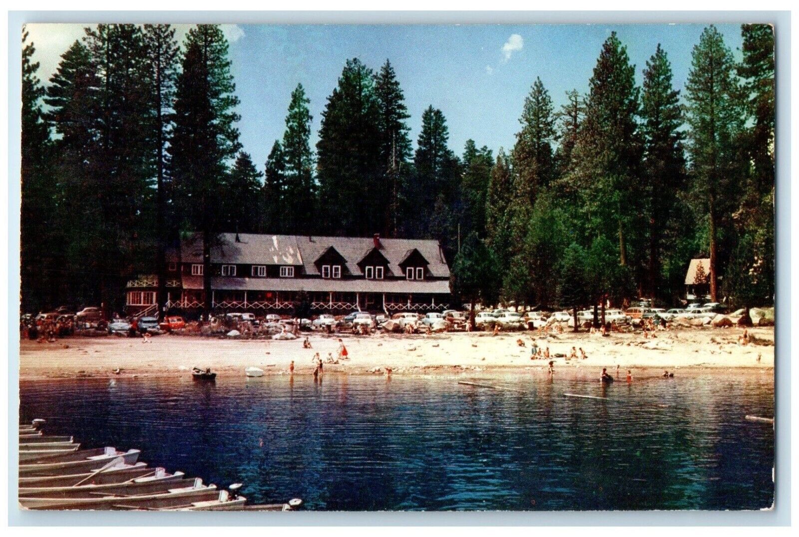 c1950's Pinecrest Lake Showing Beach and Lodge Pinecrest California CA Postcard