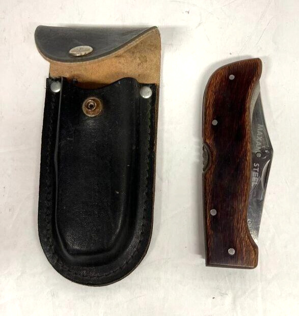 Vintage Maxam LB440 Folding Lock Back Hunting Knife w/ Sheath 6 5/8x3x1 3/8\