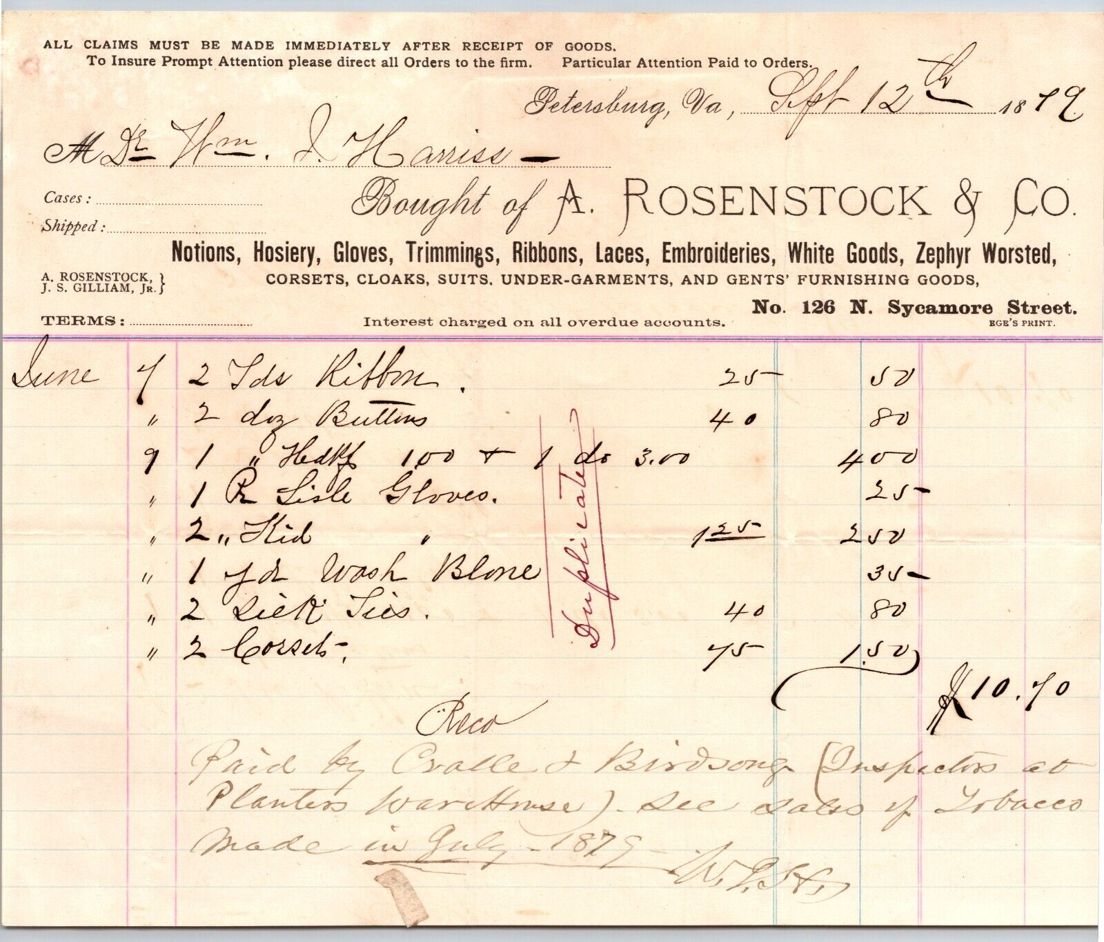 Petersburg, VA 1879 A. Rosenstock & Co. Notions Hosiery Gloves Billhead Scarce