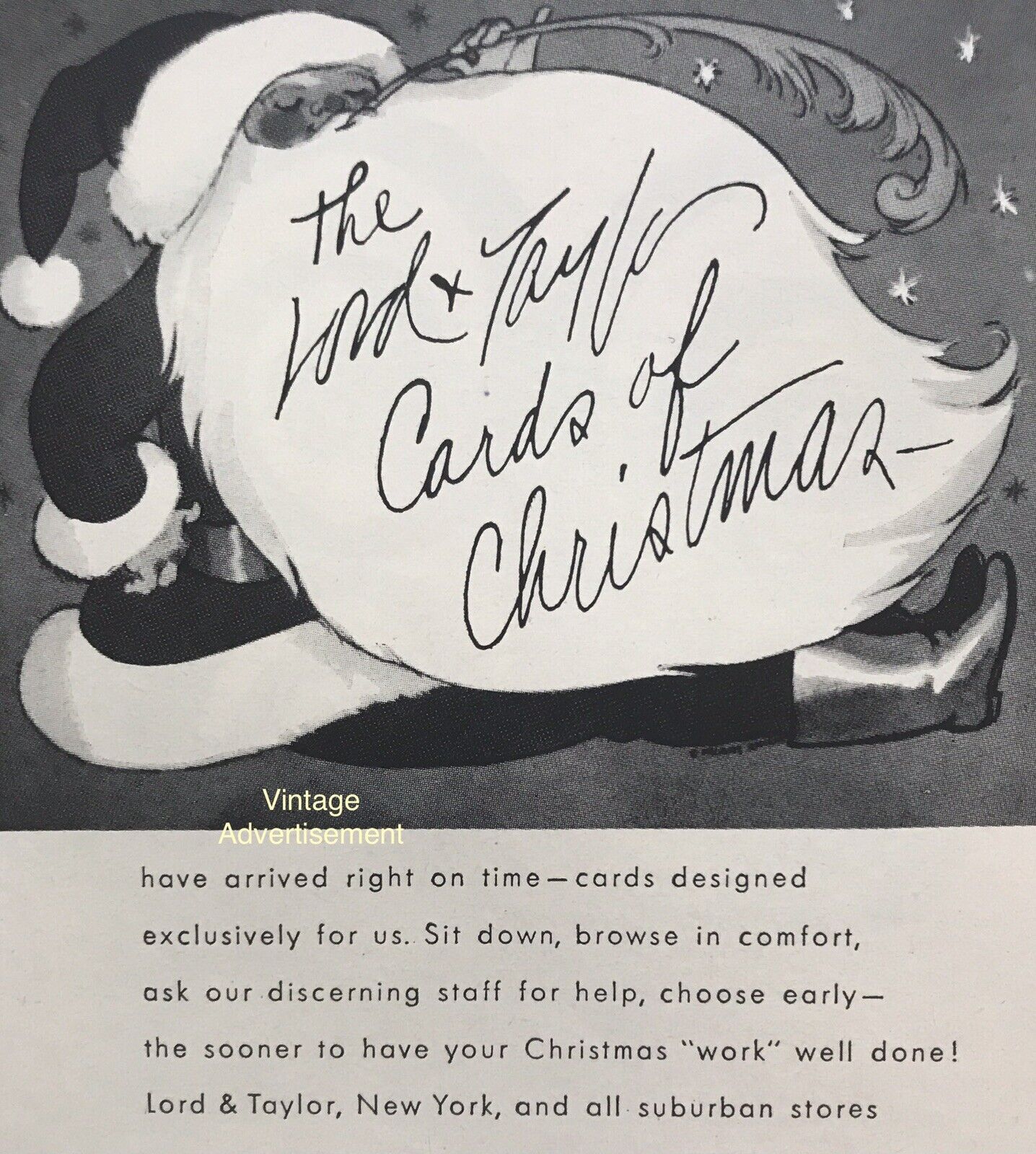 1967 Lord & Taylor Santa Art In PRINT AD 5” VINTAGE Christmas Card PROMO rare