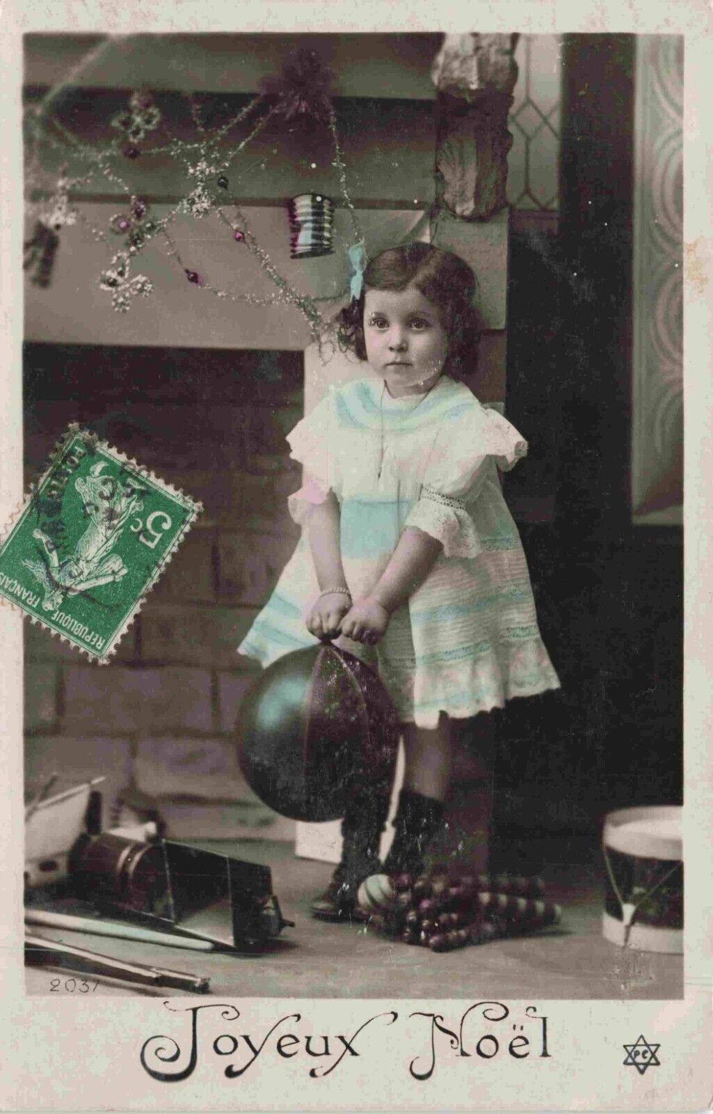 RPPC Christmas Little Girl Ball Drum Decorations 1908 Real Photo French Postcard