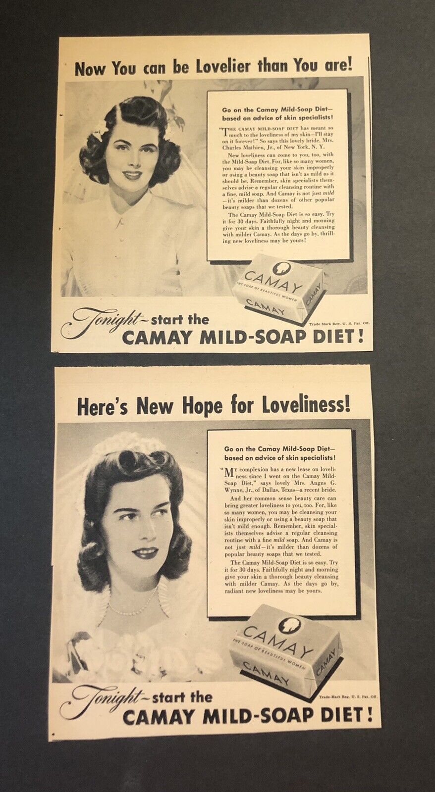 1940’s Camay Beauty Soap Magazine Ad X2