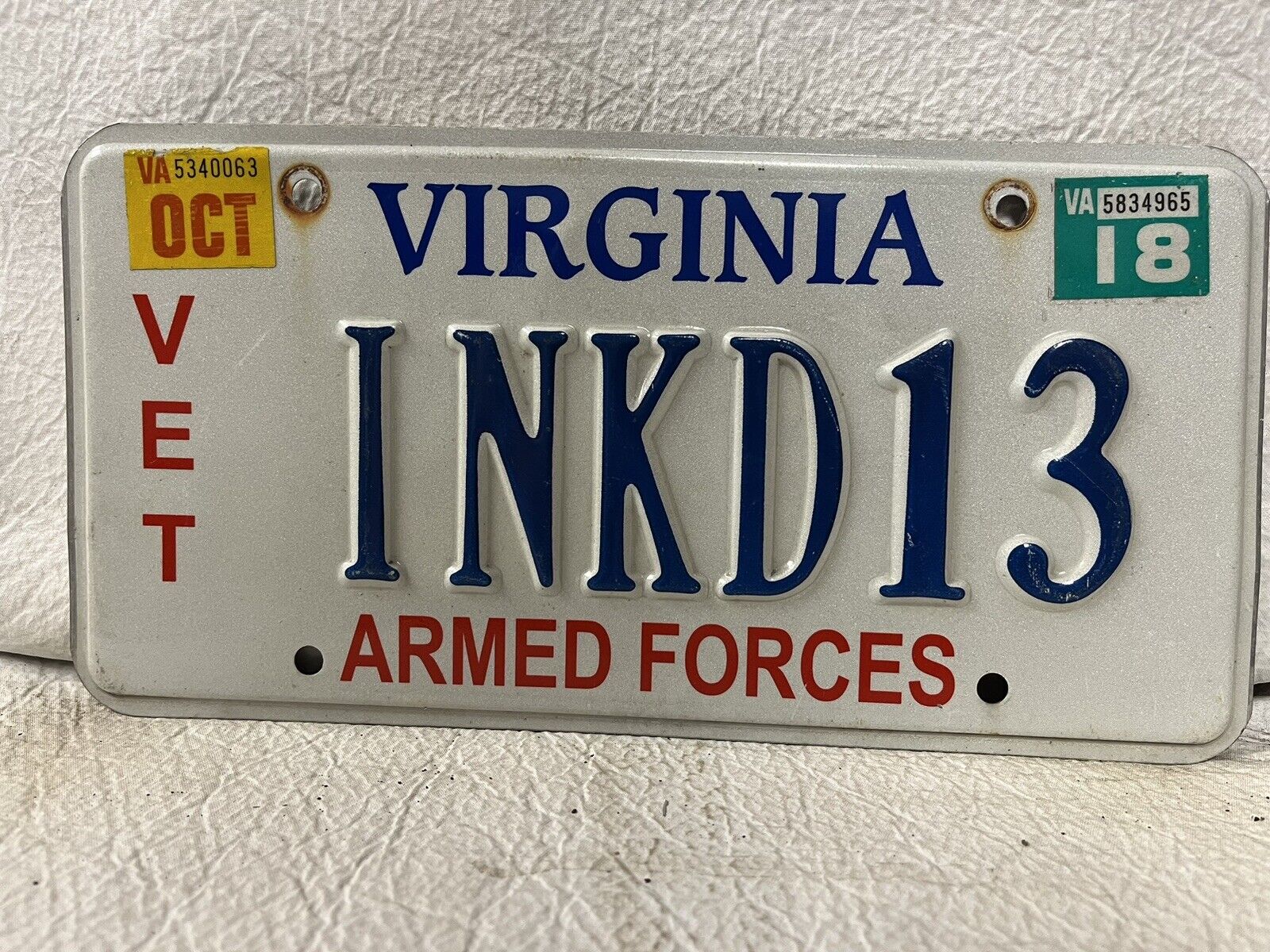 2018 Virginia Vanity Armed Forces License Plate ~ INKD13