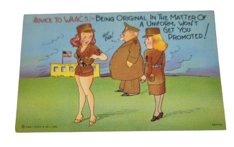 Vintage WWII Army Woman Leggs Booty Shorts Comic Humor Post Card Advice To WAACs