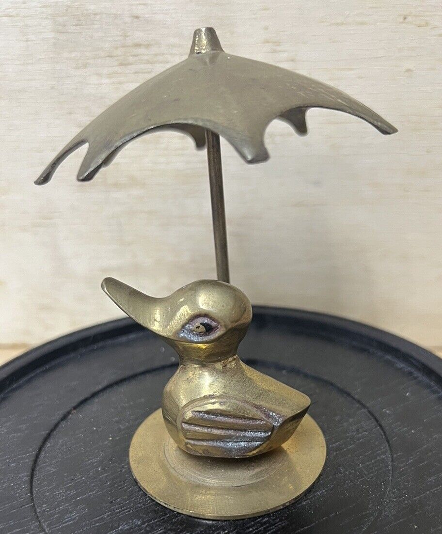 Vintage Brass Duck Figurine Holding An Umbrella \
