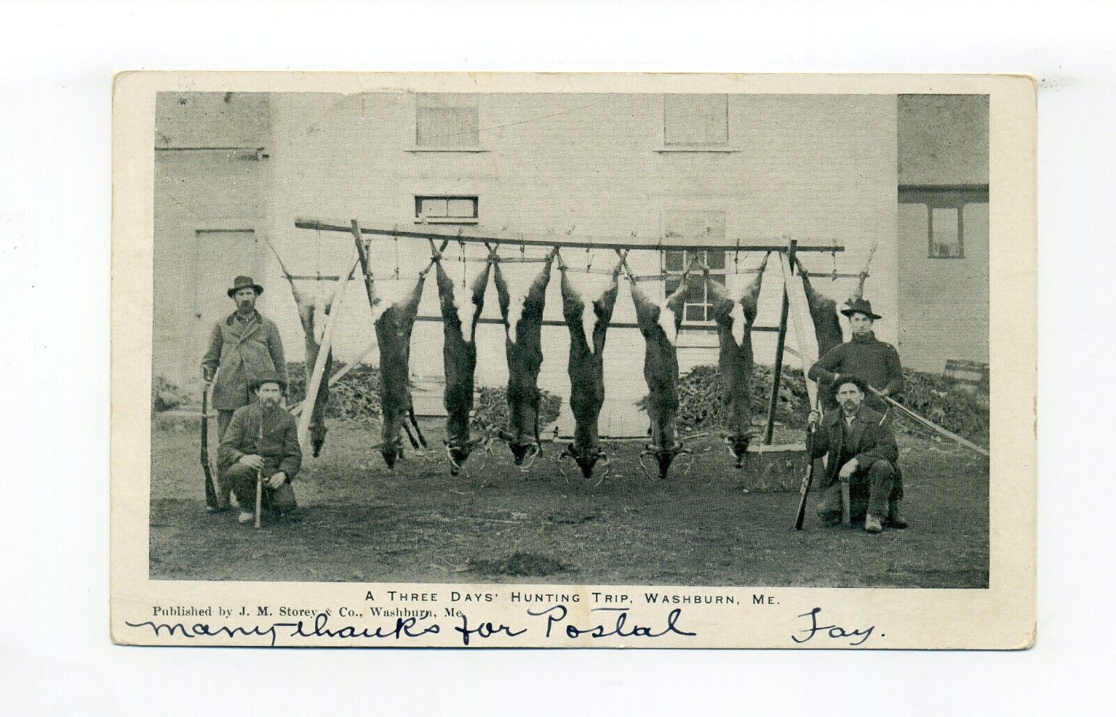 Washburn ME 1906 postcard, three day hunting trip, 4 men, deer, guns