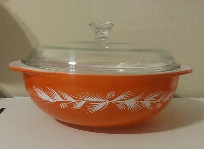 Promotional 1960 Pyrex  Holiday Red Pine Cone Needles 2Qt Casserole & Lid