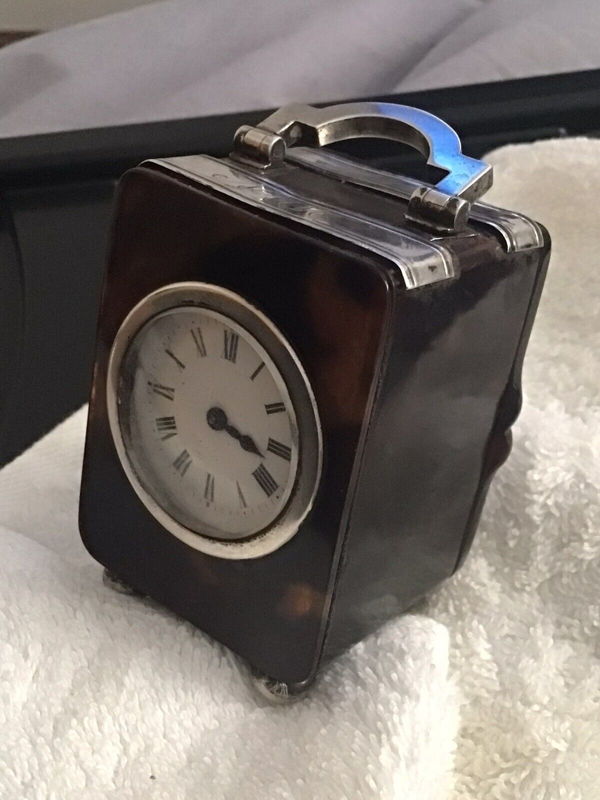 1912 Asprey solid silver faux tortoiseshell miniature carriage clock not running