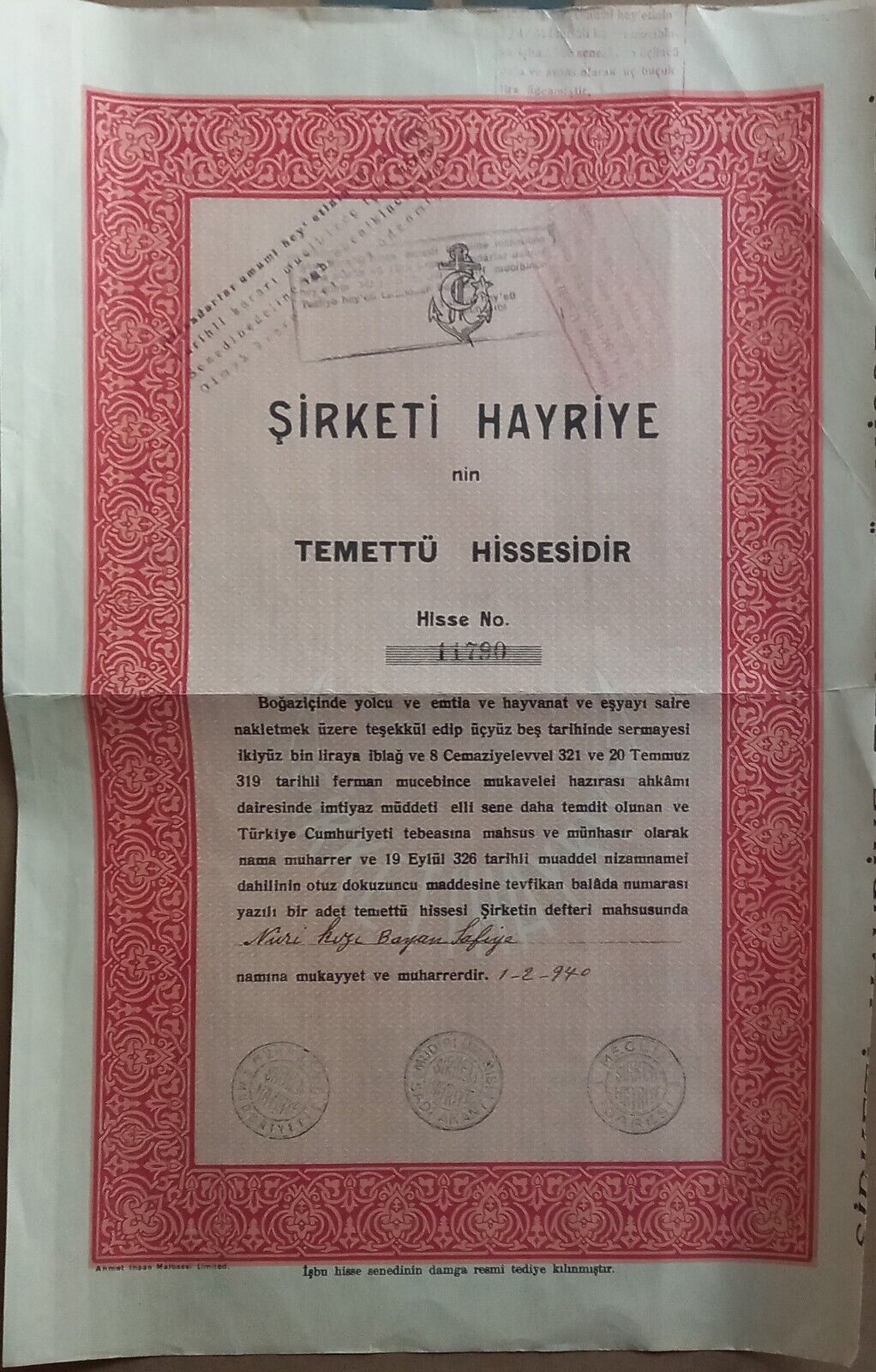 OTTOMAN TURKEY 1940  DIVIDEND SHARE OF TURKISH NAVY COMPANY DOCUMENT   VERY RARE