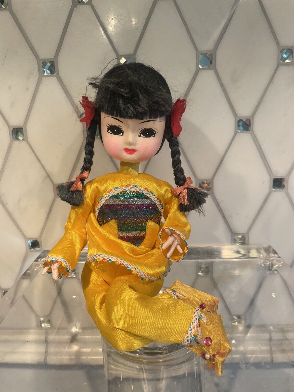 VTG Beautiful Posable Asian (japanese?) doll 14” Collectible, Cat Slippers