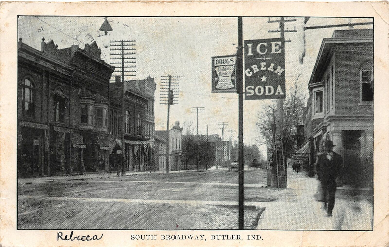 G35/ Butler Indiana Postcard 1908 South Broadway Stores Ice Cream Soda Shop