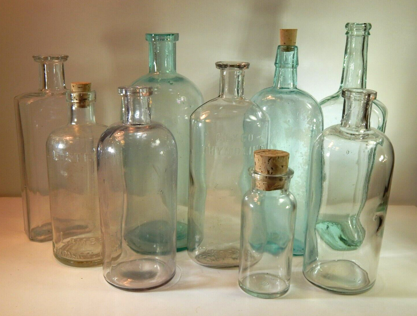 9 Vintage Antique Glass Bottle Clear & Blue Medicine Apothecary Bottles 10\