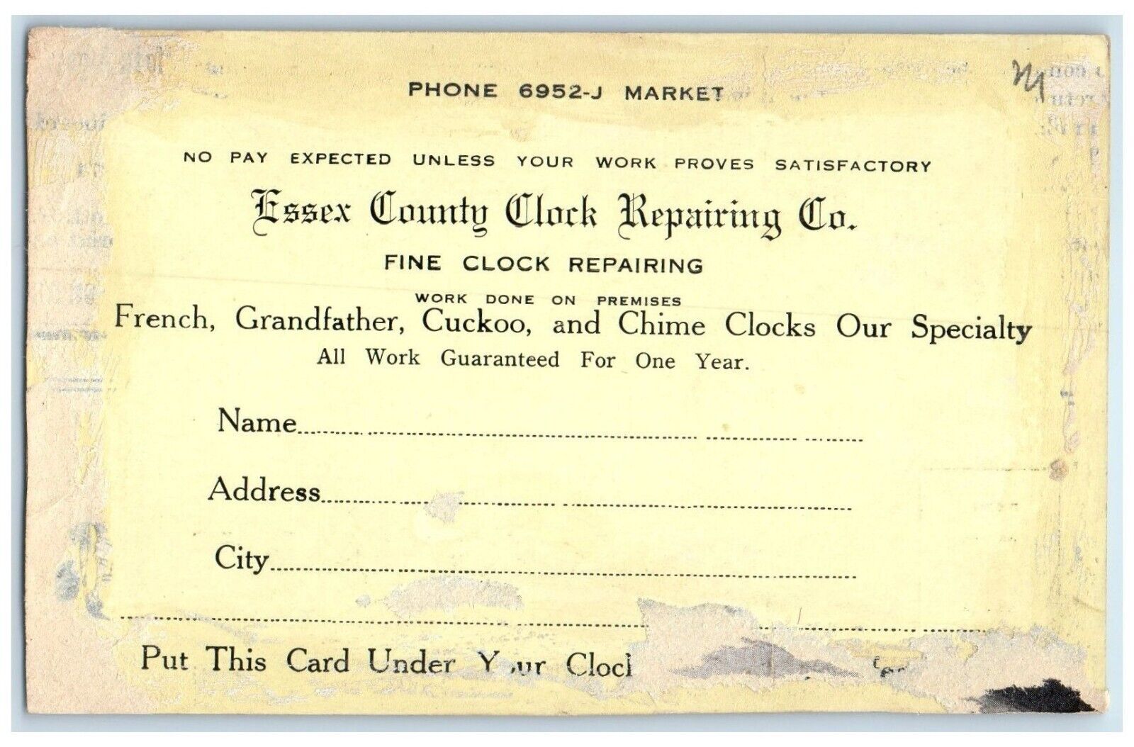 c1905 Essex County Clock Repairing Co. Newark New Jersey NJ Antique Postcard