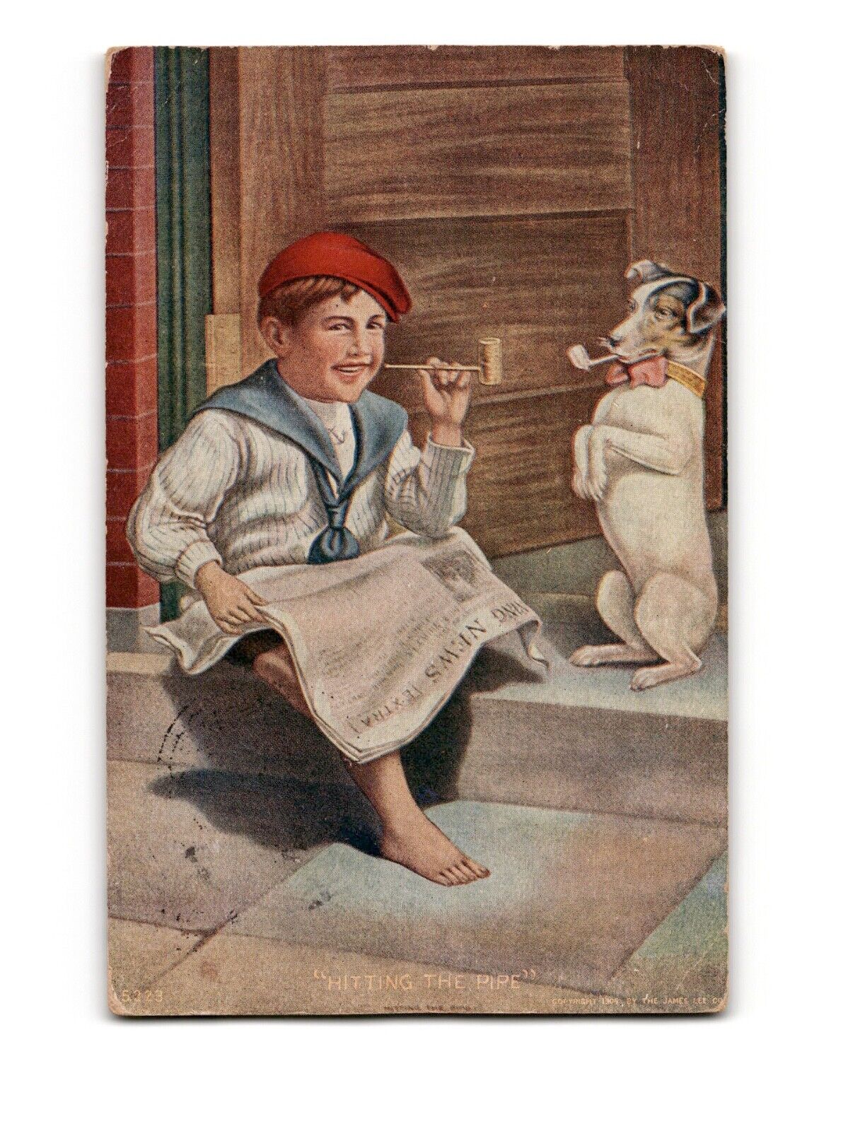 1907 Hitting the Pipe Boy & Dog Vintage Postcard