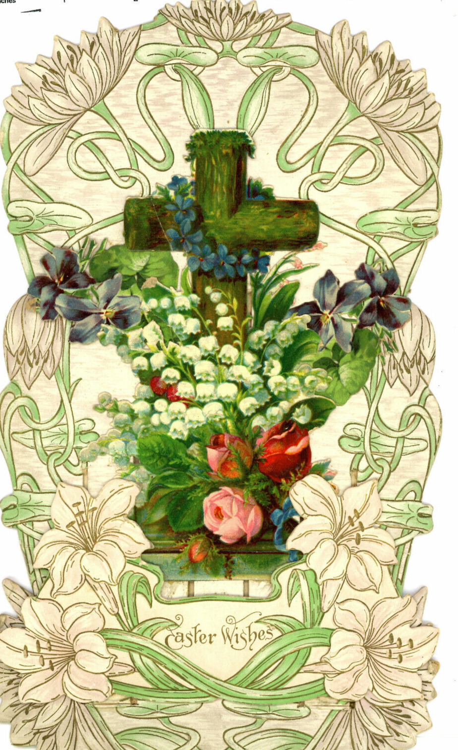c1880s Large Victorian Die Cut Easter Card 3 Dimensional Flowers  Z1
