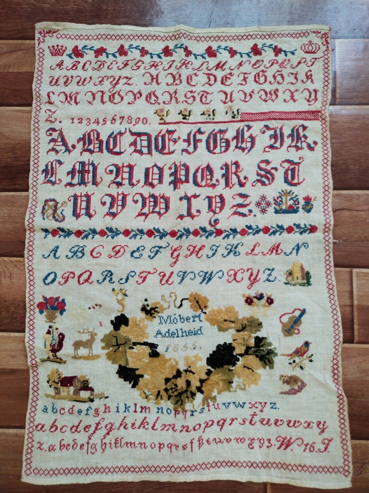 antique gorgeous alphabets embroidery sampler needlework dated 1855 item676