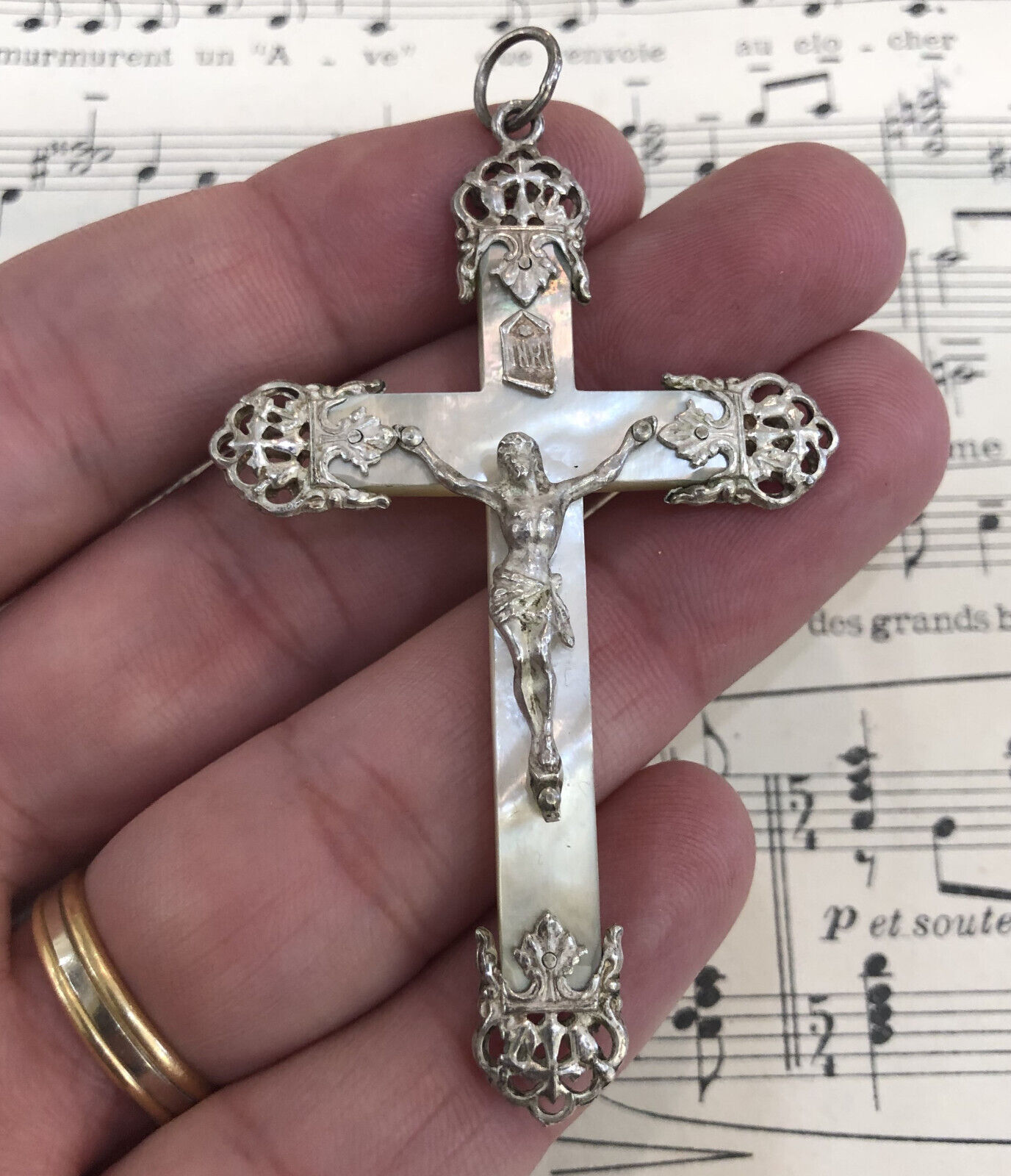 Antique French Sterling Silver Mother of Pearl Cross Pendant c1900