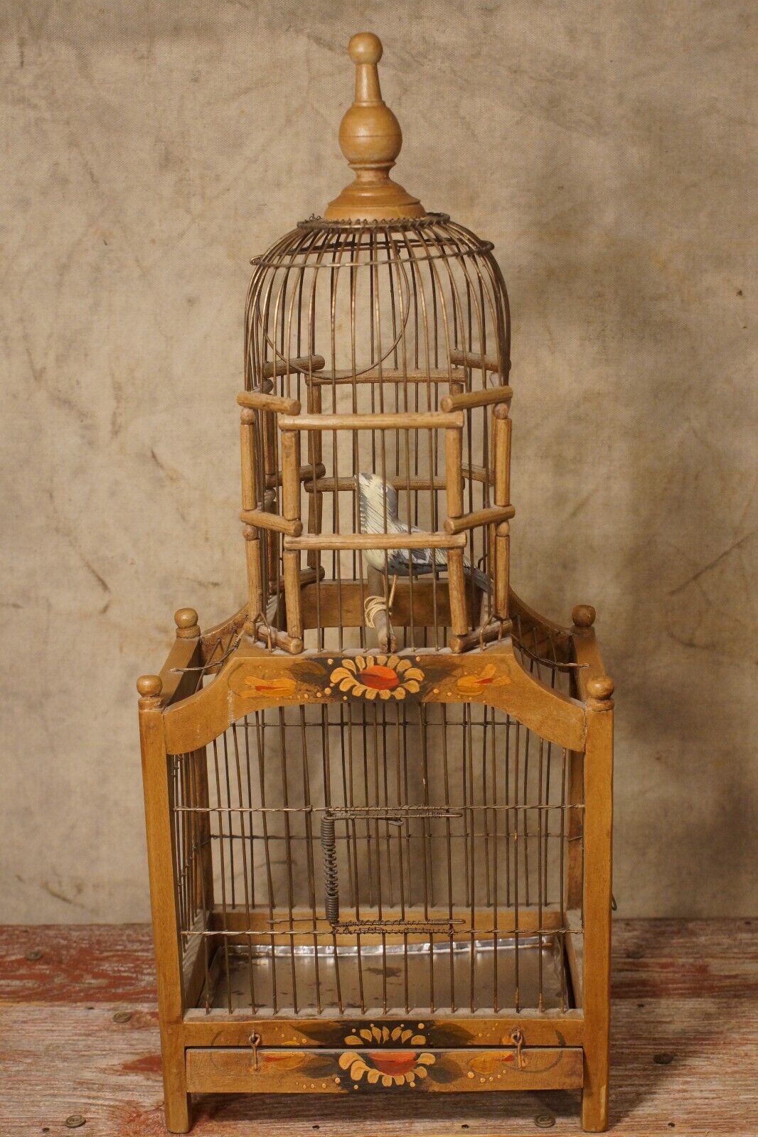 Antique Vintage Wood Folk Art Painted Bird Cage Enclosure 24\