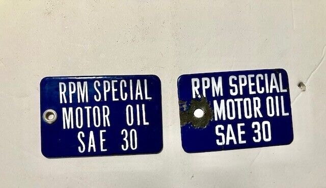 RPM Special Motor Oil SAE 30 Porcelain Tag Authentic Original Sign  2 pieces