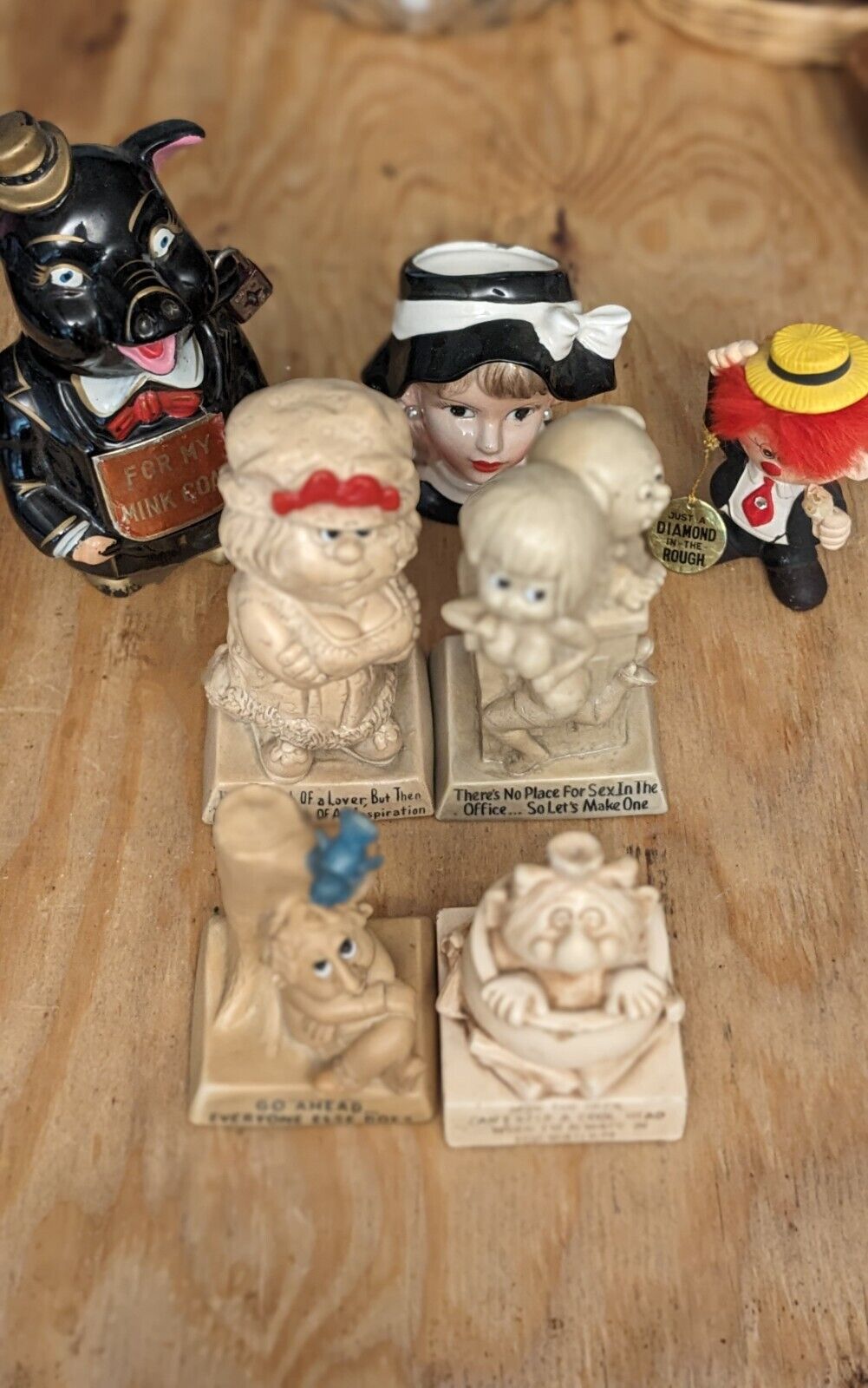 Lot of 7 Vintage Figurines: Wallace Berrie, Ceramic Lady Head, Clown, Piggy Bank