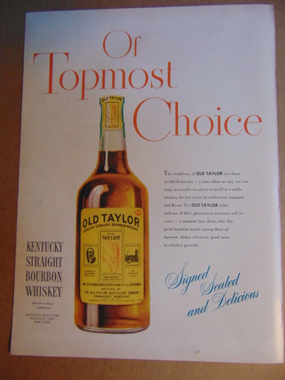 1946 OLD TAYLOR  Large Bottle Topmost Choice vintage art print ad