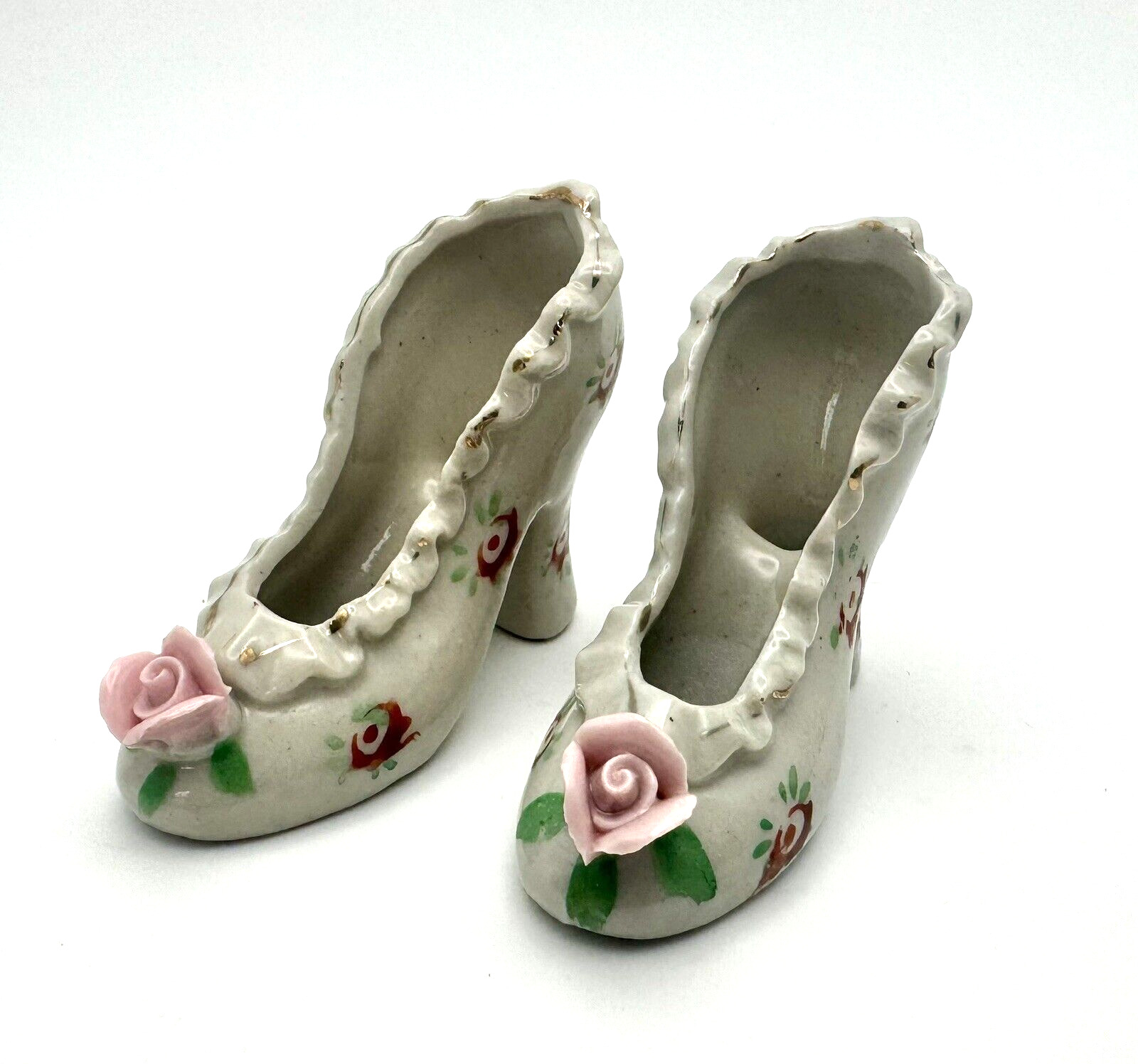 Lot of 2 Vintage Japan Miniature Porcelain Shoes Tiny Planters Intricate 3x2\