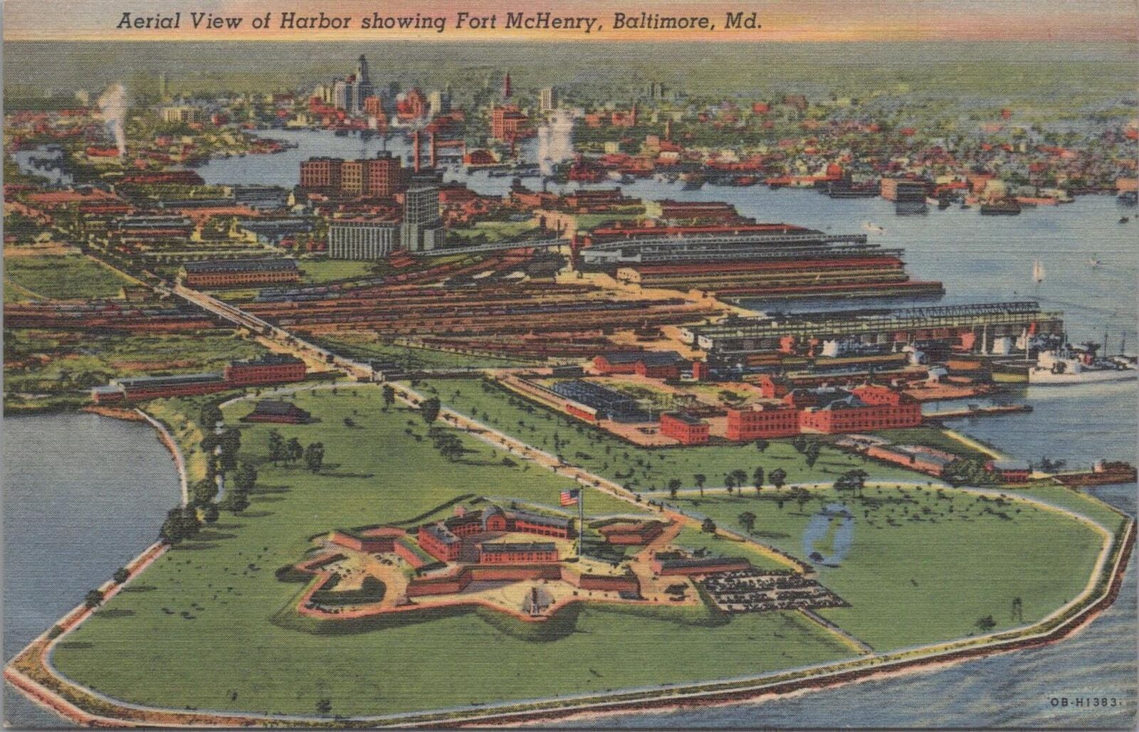 Postcard Aerial View Harbor Showing Fort McHenry Baltimore MD 