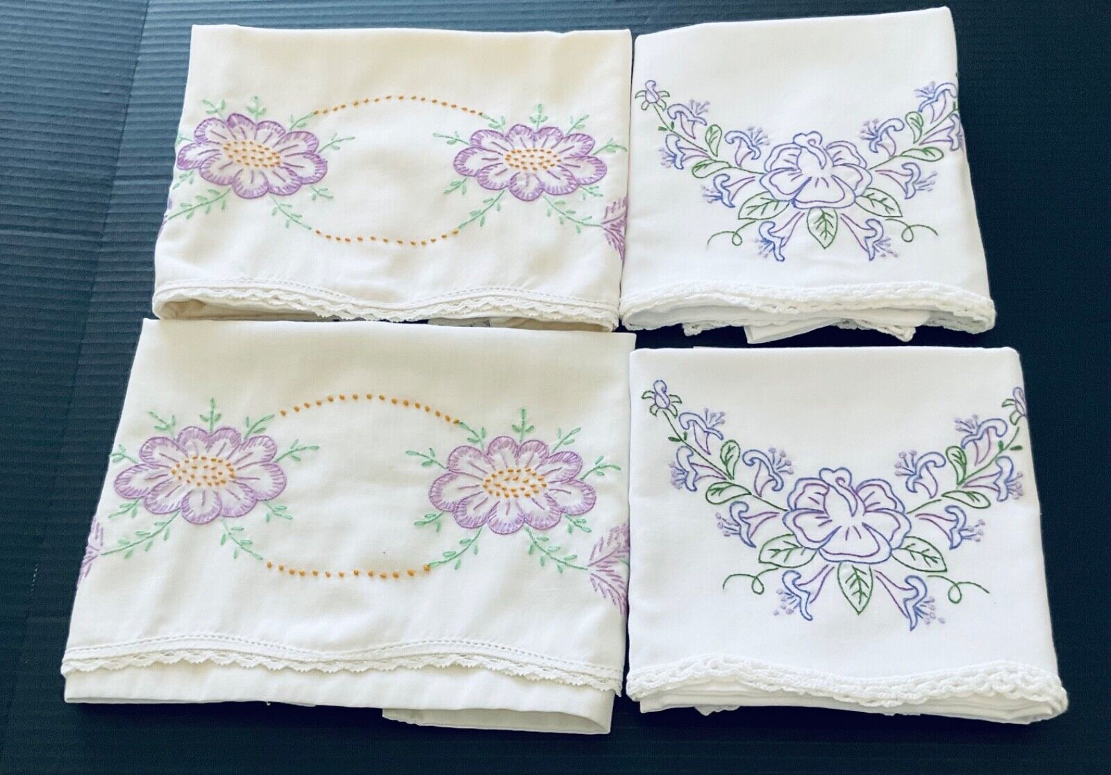2 Sets of Embroidered/Crochet  Lavender Floral patternPillow Cases. 
