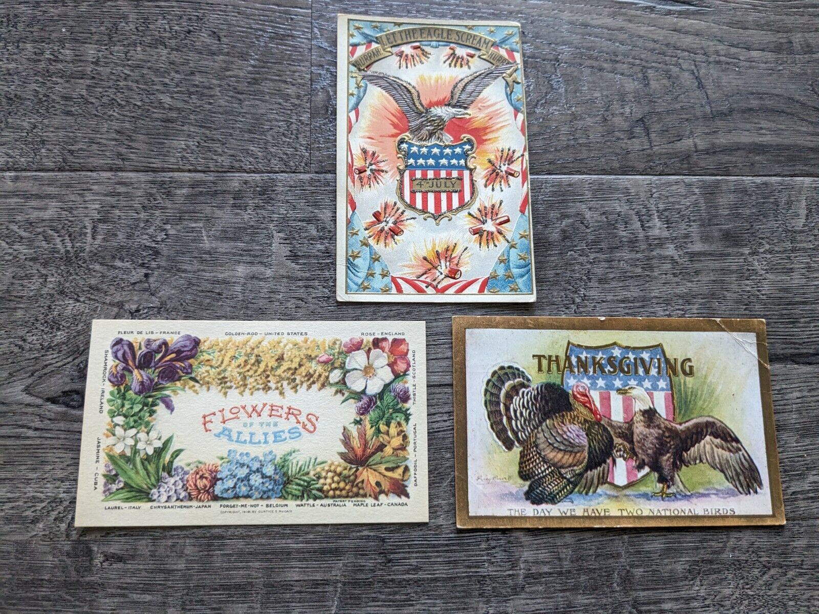 Lot of 3 Vintage 1909 Patriotic, 4th of July, Thanksgiving Post Cards