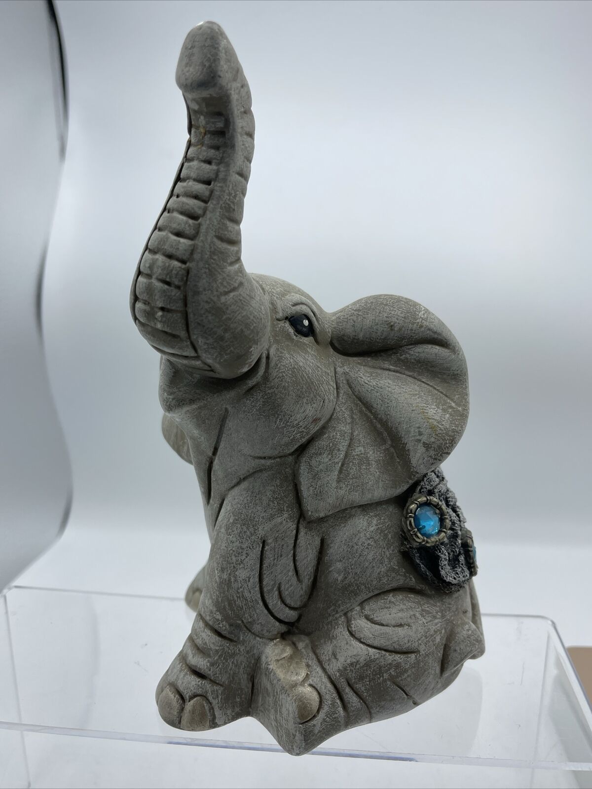 Decorative Blue Jeweled Sitting Indian Juvenile Elephant 8”