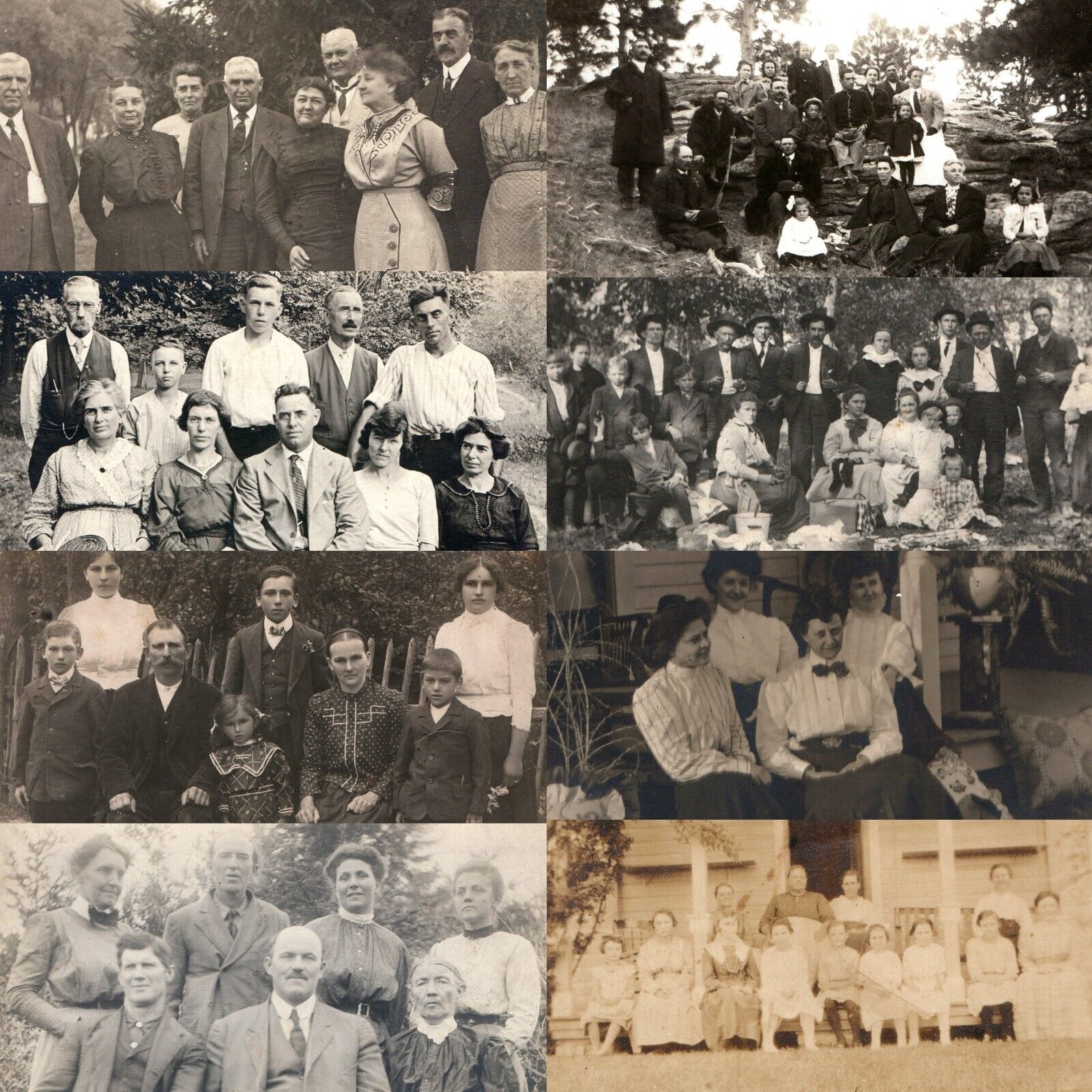 x8 LOT c1910s Groups of People RPPC Family Picnic Real Photo Postcards Kids A175