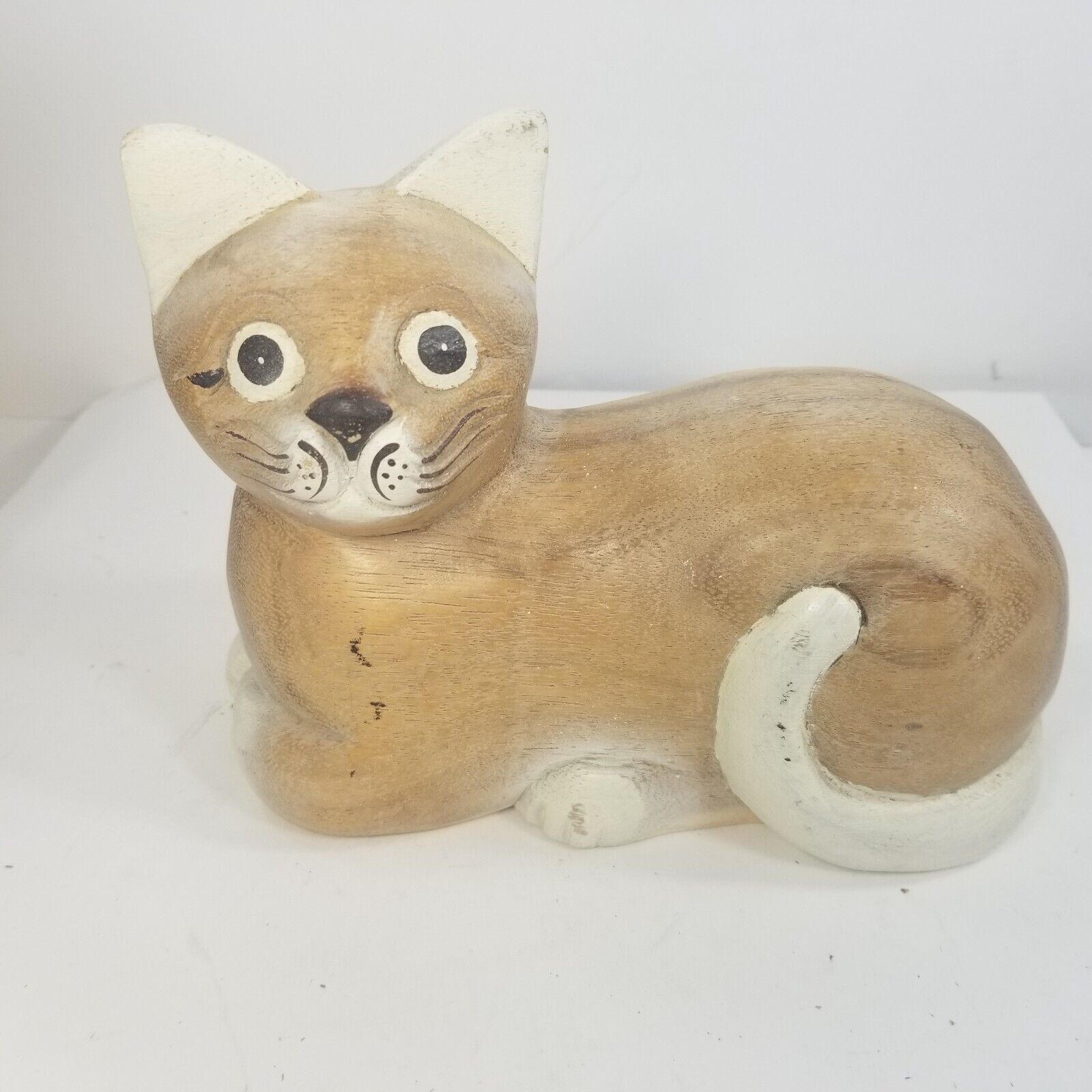 Vintage Wooden Cat Figurine Carved Mid Century Modern Style 