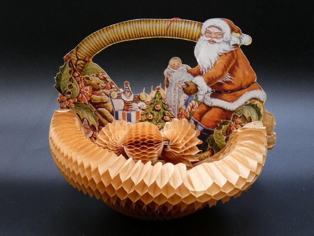 Vintage Christmas 1920s Beistle Santa Claus in Honeycomb Crepe Basket Sleigh